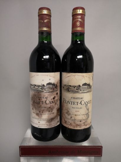 null 2 bouteilles Château PONTET CANET - 5e GCC Pauillac 1990 Étiquettes tachées...