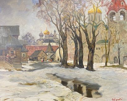  Viamine SIBIRSKY, née en 1936 
Vue de ville en Russie 
Huile sur toile, signée en...