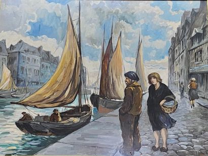 Fred PAILHES (1902-1991) 
Scène de port 
Goouache,...
