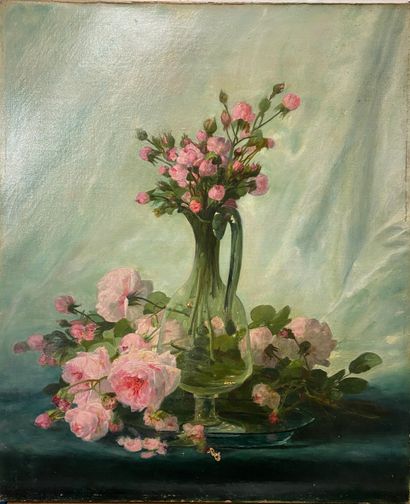  BENON A., début XXe siècle, Aiguière aux roses, 
Huile sur toile signée en bas à...
