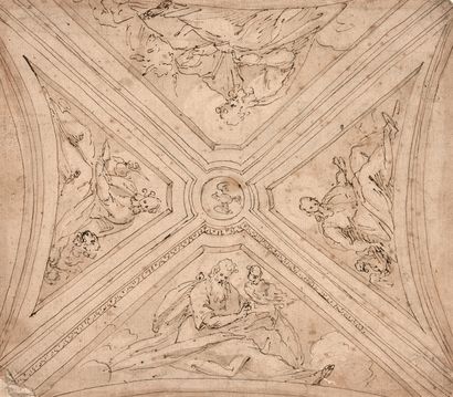 École ITALIENNE vers 1700 Projet de décor de plafond d'église aux quatre Evangélistes
Plume...