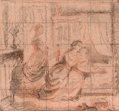 ECOLE FRANCAISE DU XIXème siècle Study for a family scene Black pencil and red chalk,...