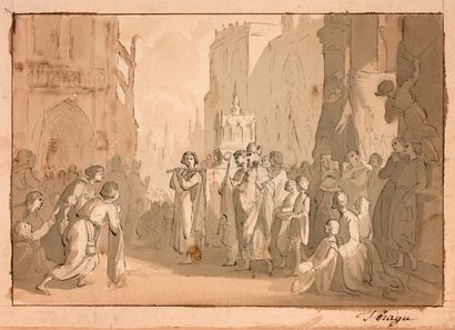 Auguste François Joseph FERAGU (Lille 1816 - Amiens 1892) La procession des reliques
Plume...