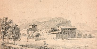 ÉCOLE FRANÇAISE VERS 1820 Un village d'Italie
Pierre noire
14 x 27,5 cm