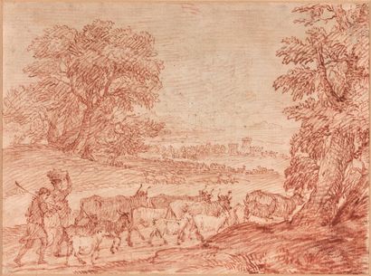 Ecole Française du XVIIIème siècle Bergers menant un troupeau
Sanguine 19,5 x 26,5...