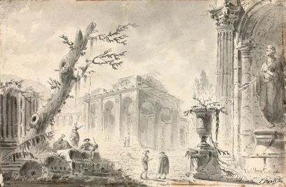Ecole ITALIENNE vers 1780 Promeneur dans les ruines d'un temple, près d'une statue
Plume...