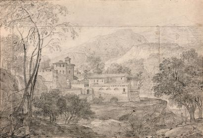 Attribué à Nicolas Didier BOGUET (1755 - 1839) Landscape of a fortified Italian mountain...