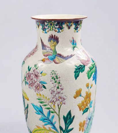 LONGWY Important pair of ceramic vases with polychrome enamelled decoration of floral...