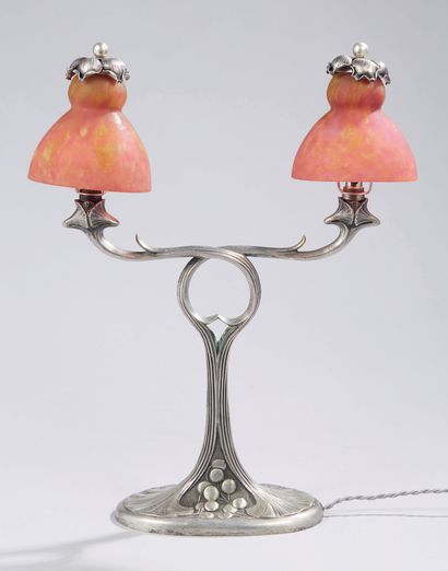 ABEL LANDRY (1871-1923) Candelabra lamp with two arms of light in chased and silvered...