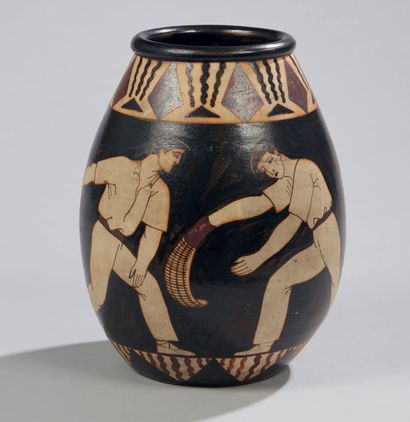 ETIENNE VILOTTE (1881-1957) à CIBOURE Vase ovoïde à col ourlé en grès peint à décor...