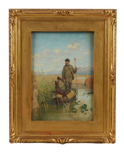 null Eugenio Cecconi (1842-1903)

Hunter in a swamp in a boat with his dog

Oil on...