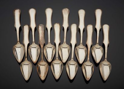 null Suite of twelve silver teaspoons, the edges of the spatulas finely chased. Holland...