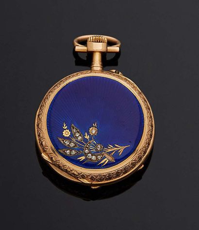 null NECK WATCH in gold 750 mm back enamelled blue plate with radiating decorations...