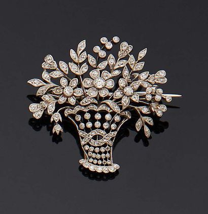  Petite BROCHE panier fleuri en platine, or gris 750 mm, entièrement sertie de diamant...