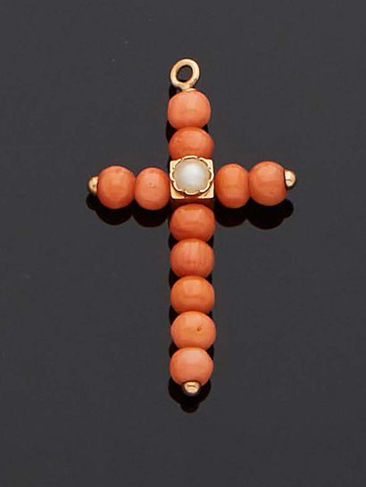 null 
Coral CROSS PENDANT in pink gold 750 mm, balls of coral and half-pearl in the...