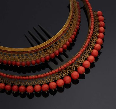 null Set consisting of two vermeil tiaras and faceted balls of pre-cut coral, work...