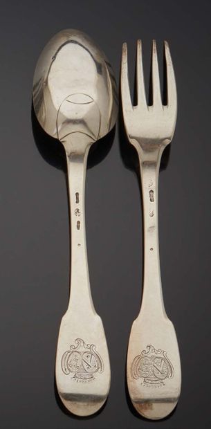 null Silver flatware, uniplat model, spatulas engraved with double coat of arms under...