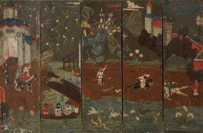 CHINE Paravent sur toile à cinq feuilles, peint en polychromie représentant une scène...