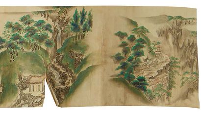 INDOCHINE Large painted scroll on paper representing animated landscapes.
Size :...