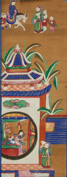 CHINE Painting roller painted on paper in polychrome color representing characters...