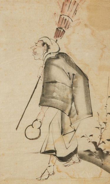 JAPON Peinture en encre sur papier représentant un homme portant un parapluie.
Dim....