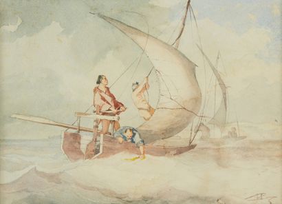 JAPON Dessin sur papier représentant des marins sur un bateau de pêche.
Signé en...