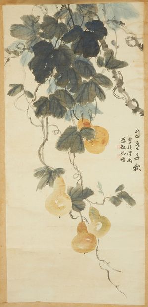 CHINE Watercolor roll on paper representing pear lattice. 
Signed and sealed in the...
