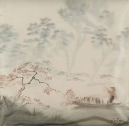 ECOLE VIETNAMIENNE du XXe siècle Paysages fluviaux 
Paire de peintures sur soie 
Signatures...