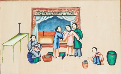 CHINE Four gouaches on rice paper depicting scenes of judgment, sacrifice, departure...