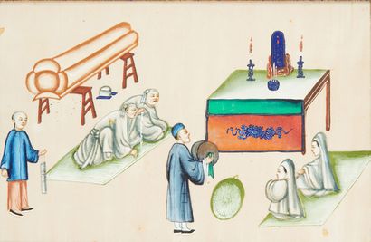 CHINE Four gouaches on rice paper depicting scenes of judgment, sacrifice, departure...
