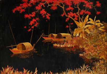 ECOLE VIETNAMIENNE du XXe siècle Boats in a lake landscape 
Lacquer panel with black...
