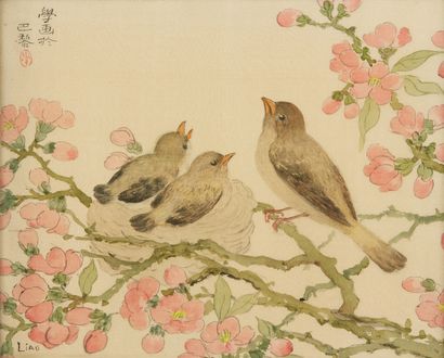 LIAO Xinxue (1906-1958) Watercolor on fabric representing birds.
Signed upper and...