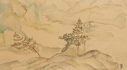 JAPON Aquarelle sur papier représentant un paysage de montagnes et arbres.
Signée...