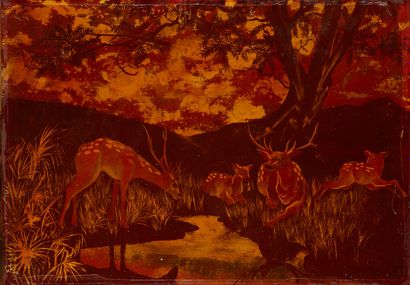 ECOLE VIETNAMIENNE du XXe siècle Deer drinking 
Lacquer panels with gold highlights
Dim....