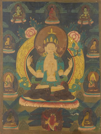 CHINE Tangka. Peint sur toile representant bodhisattva assis.
Encadré.
Dim. : 51...