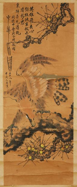 CHINE Peinture sur rouleau encre et couleurs sur papier représentant d'un aigle branché...