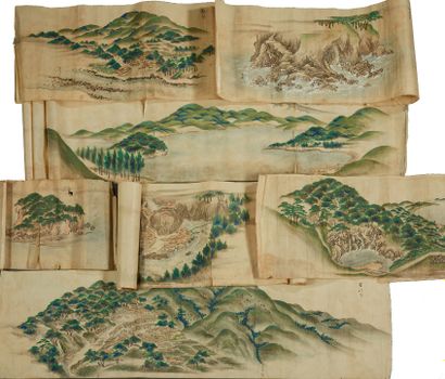 JAPON Suite of seven ink and color scrolls on paper depicting mountain landscapes....