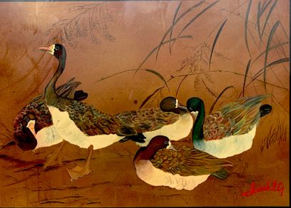 NGUYEN THANH LE (1919-2003) Lacquered panel with ducks. 
Size : 30 x 40 cm