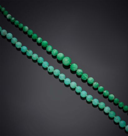 null 
Two NECKLACES in imitation green composition, one choker, the other drop.



Clasps...