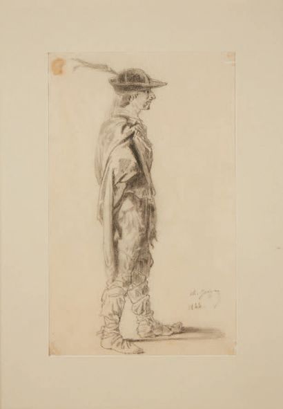 CHARLES JACQUE (PARIS 1813 - 1894) Quentin Durward
Crayon noir sur papier calque
Signé...