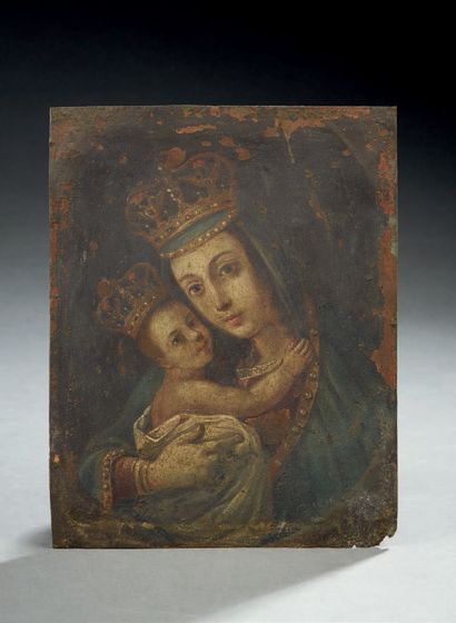 ECOLE DU XVIIe SIÈCLE Vierge à l'enfant
Peinture sur cuivre
18 x 14,1 cm
Accidents...