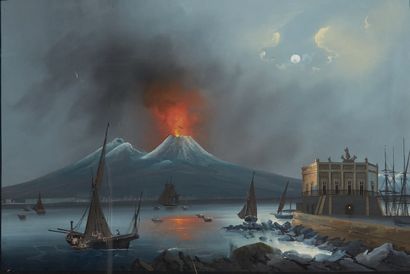 ÉCOLE NAPOLITAINE VERS 1900 L'éruption du Vésuve de février 1845
Gouache
Titrée en...
