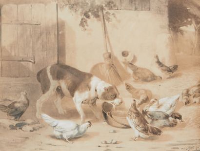 Théodore LAFITTE (Paris 1816 - vers 1875) A dog in a backyard
Pen and black ink,...