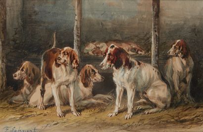 Fredéric LEHNERT (né en 1811) Pack of dogs
Watercolor signed lower left.
10,5 x 16...
