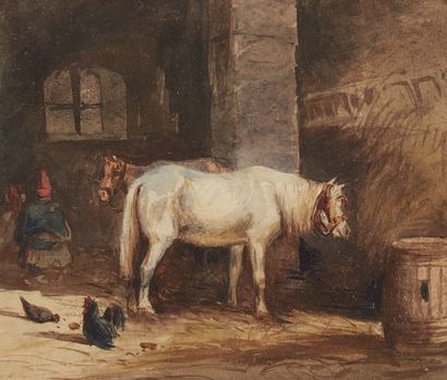Ecole HOLLANDAISE vers 1850 Horses at the stable
Watercolor
16 x 12,5 cm