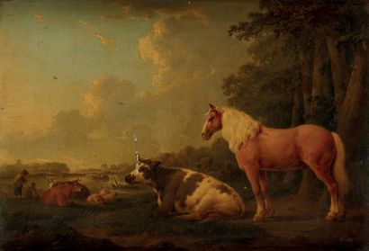 ECOLE HOLLANDAISE DU DÉBUT DU XIXe SIÈCLE, DANS LE GOÛT D'ALBERT CUYP Horse and ox...
