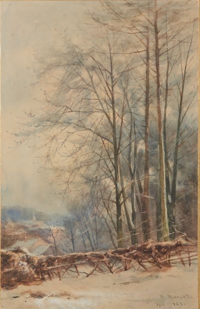 Henri MARCETTE (1824-1890) Sous bois sous la neige.
Aquarelle signée en bas à droite.
50...