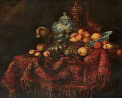 Ecole Italienne du XIXe siècle Fruits et porcelaine sur un tapis brodé
Sur sa toile...