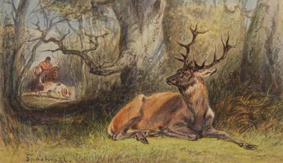 Fredéric LEHNERT (né en 1811) Scène de chasse à courre, cerf au ferme
Aquarelle signée...