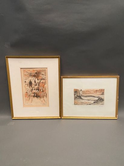 null Set including : 

- three etchings by E. Valey

- a reproduction of a farmyard...